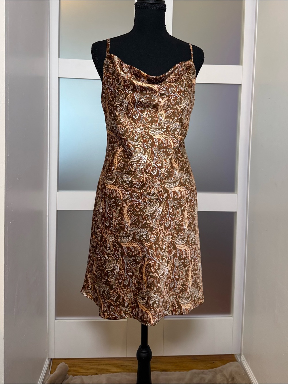Hollister Brown Paisley Cowl Neck Mini Slip Dress, size Medium.